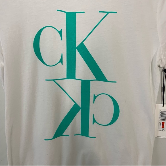 Calvin Klein Jeans White Teal CK Logo T-Shirt - Picture 4 of 7